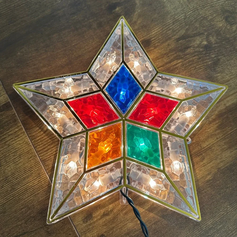 Vintage Multi Color‎ Stained Glass Style Star Christmas Tree Topper Lighted 8in
